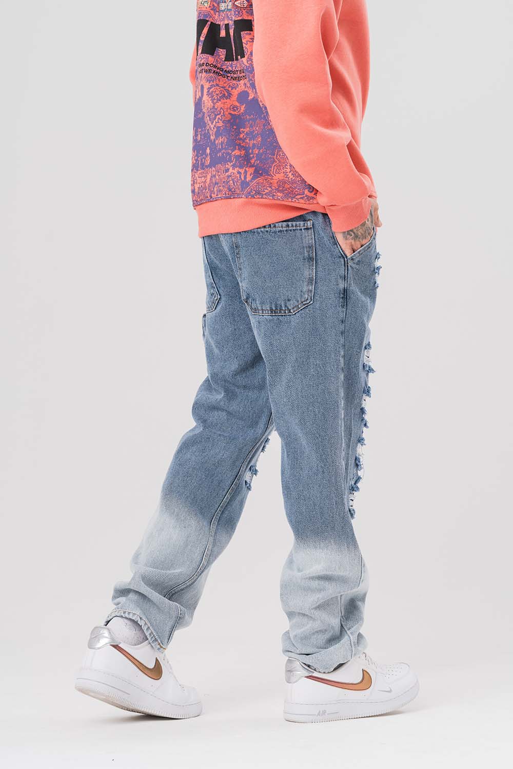 Washed Bel İp Detaylı Yırtık Jean Baggy Pantolon