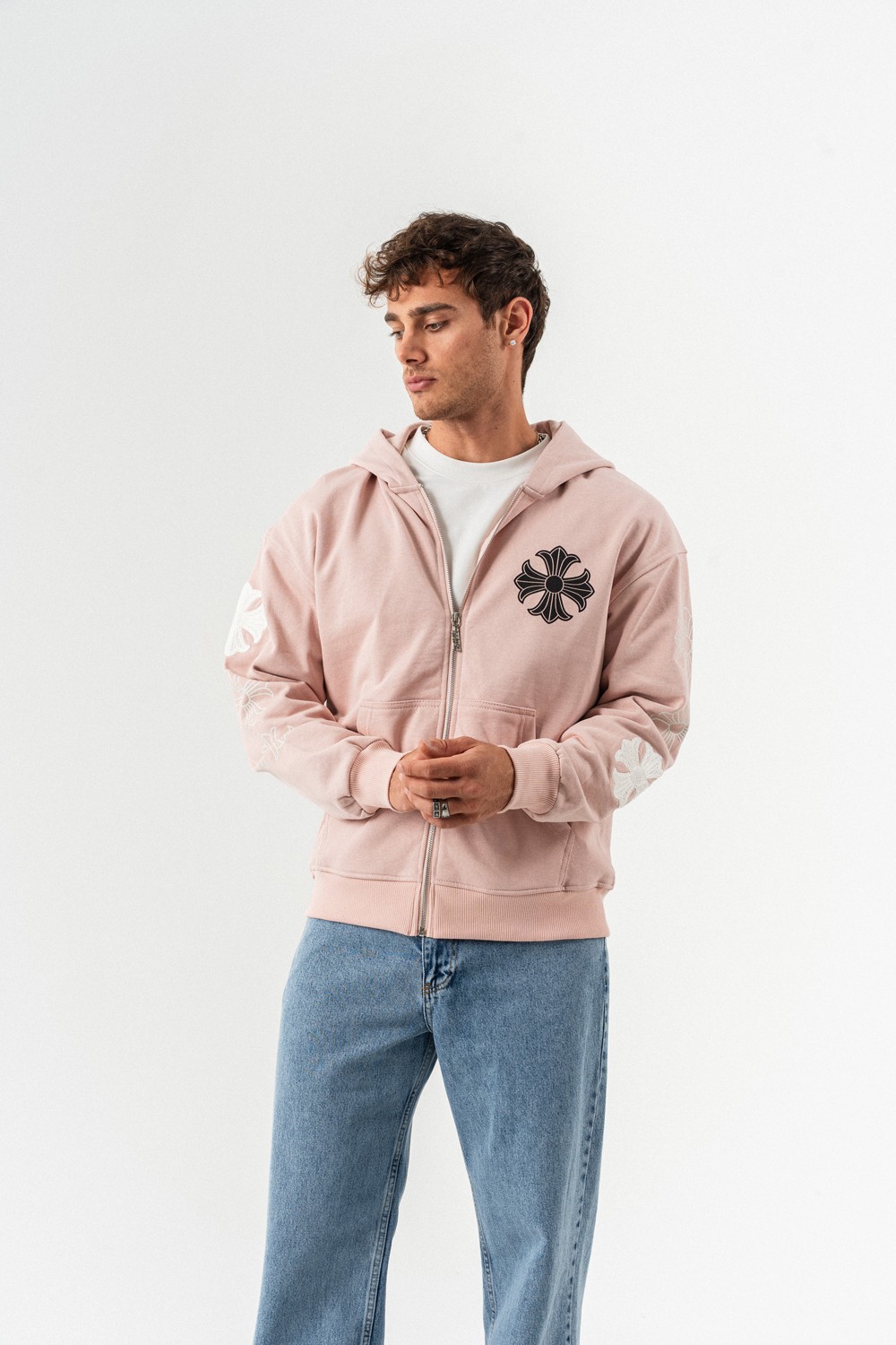 Streetcode Nakış Detay Fermuarlı Sweatshirt Hoodie - Pudra