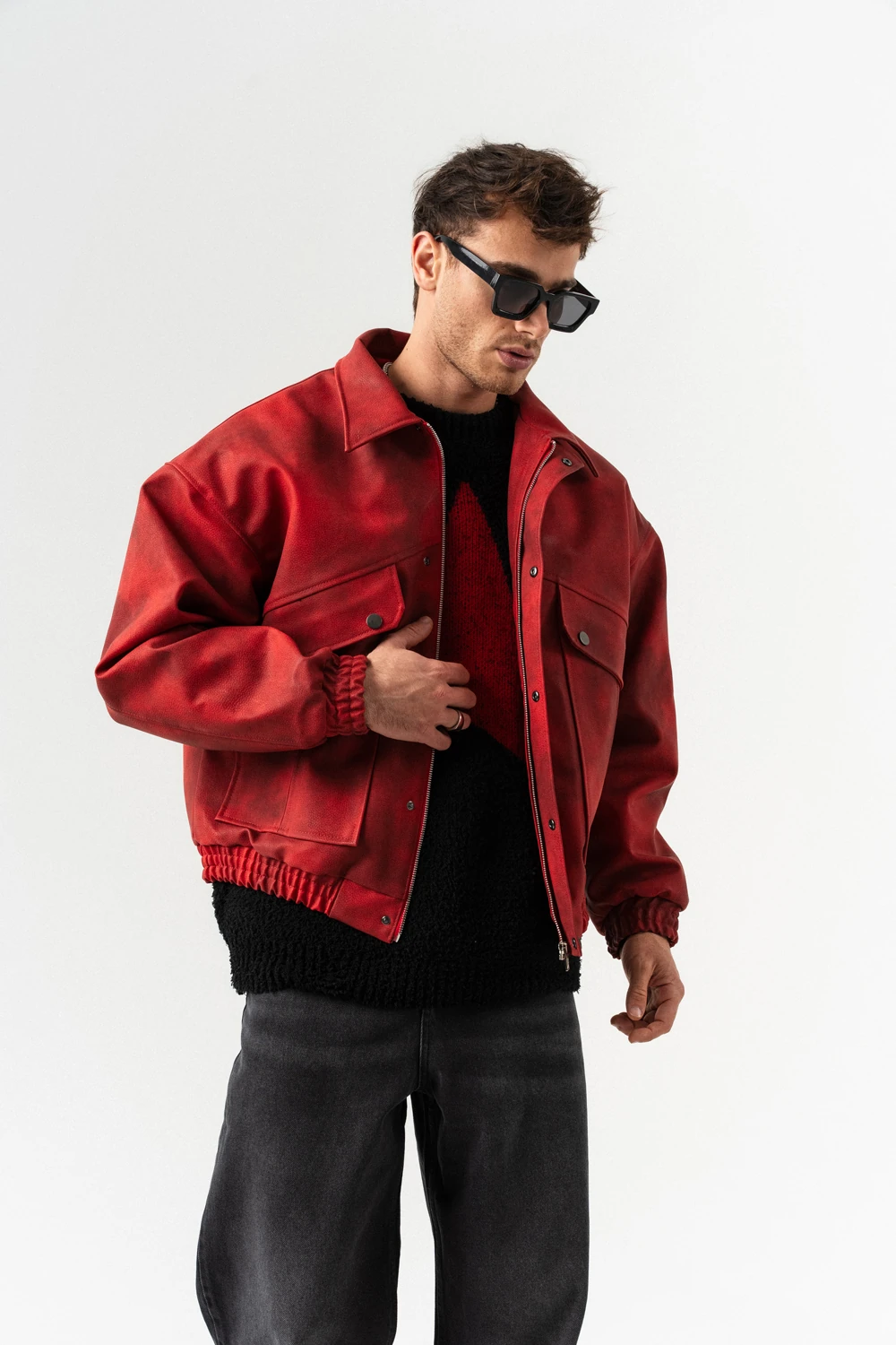 Urban Pocket Fermuar ve Cep Detaylı Deri Mont - Kırmızı