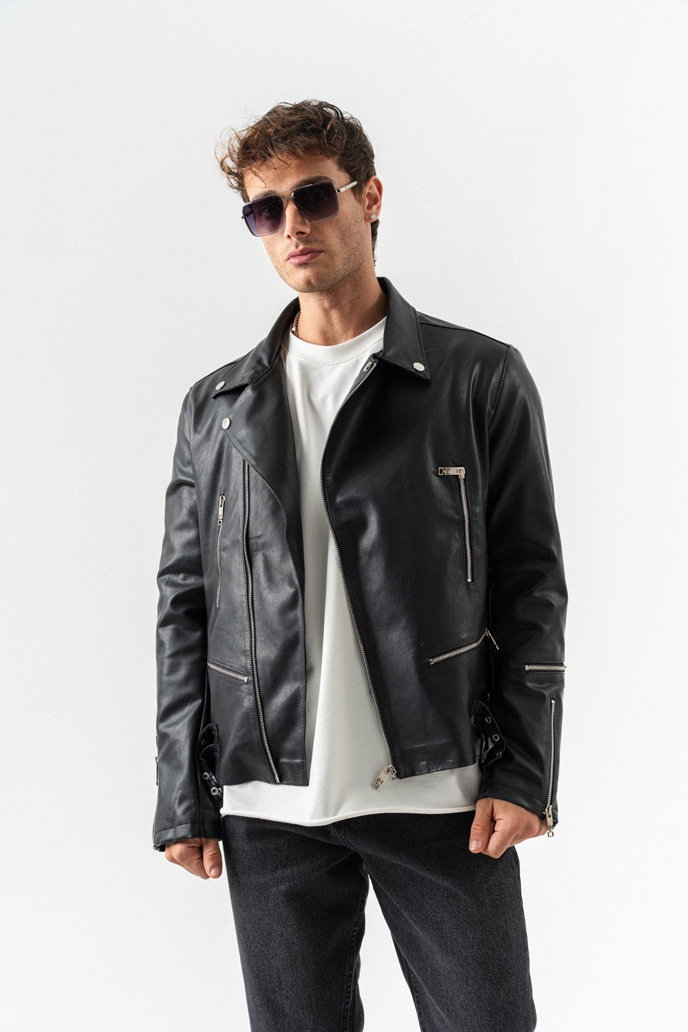 Darkfuel Fermuarlı Deri Biker Ceket