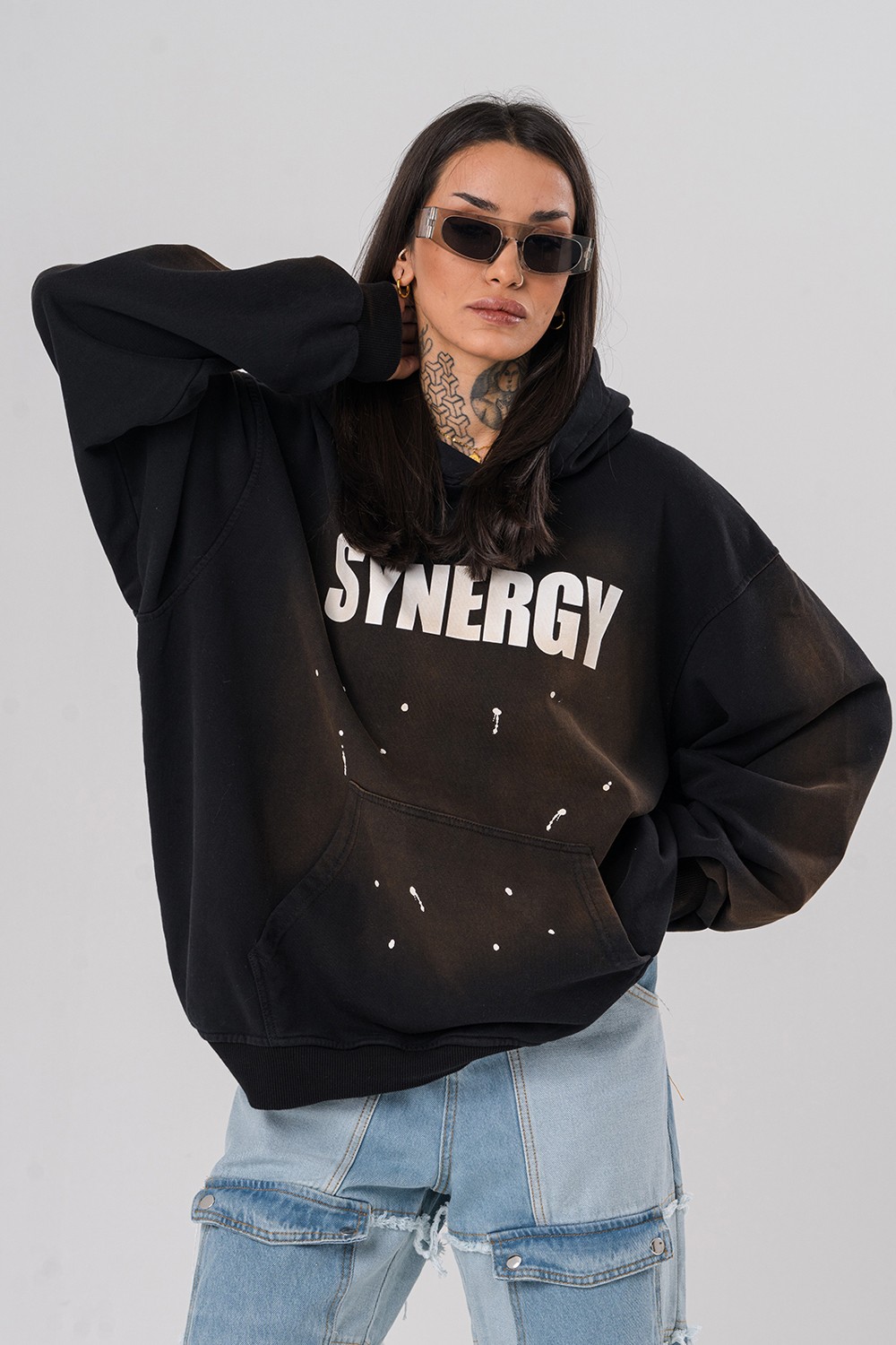 Synergy Yıkamalı Kapüşonlu Sweatshirt - Siyah