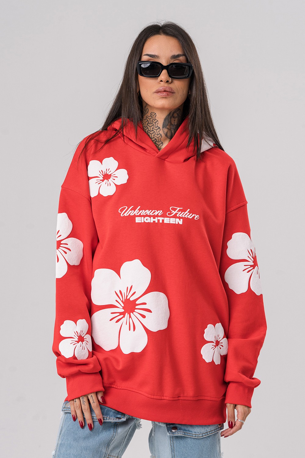 Flowers Kabartma Baskılı Şardonlu Kapüşonlu Sweatshirt