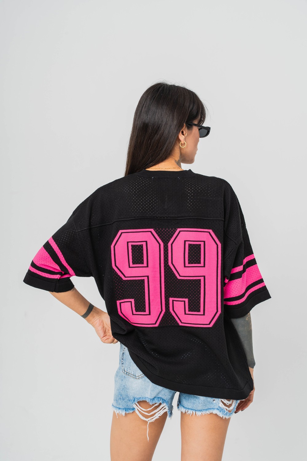 99 Knit Oversize Triko T-shirt - Fuşya