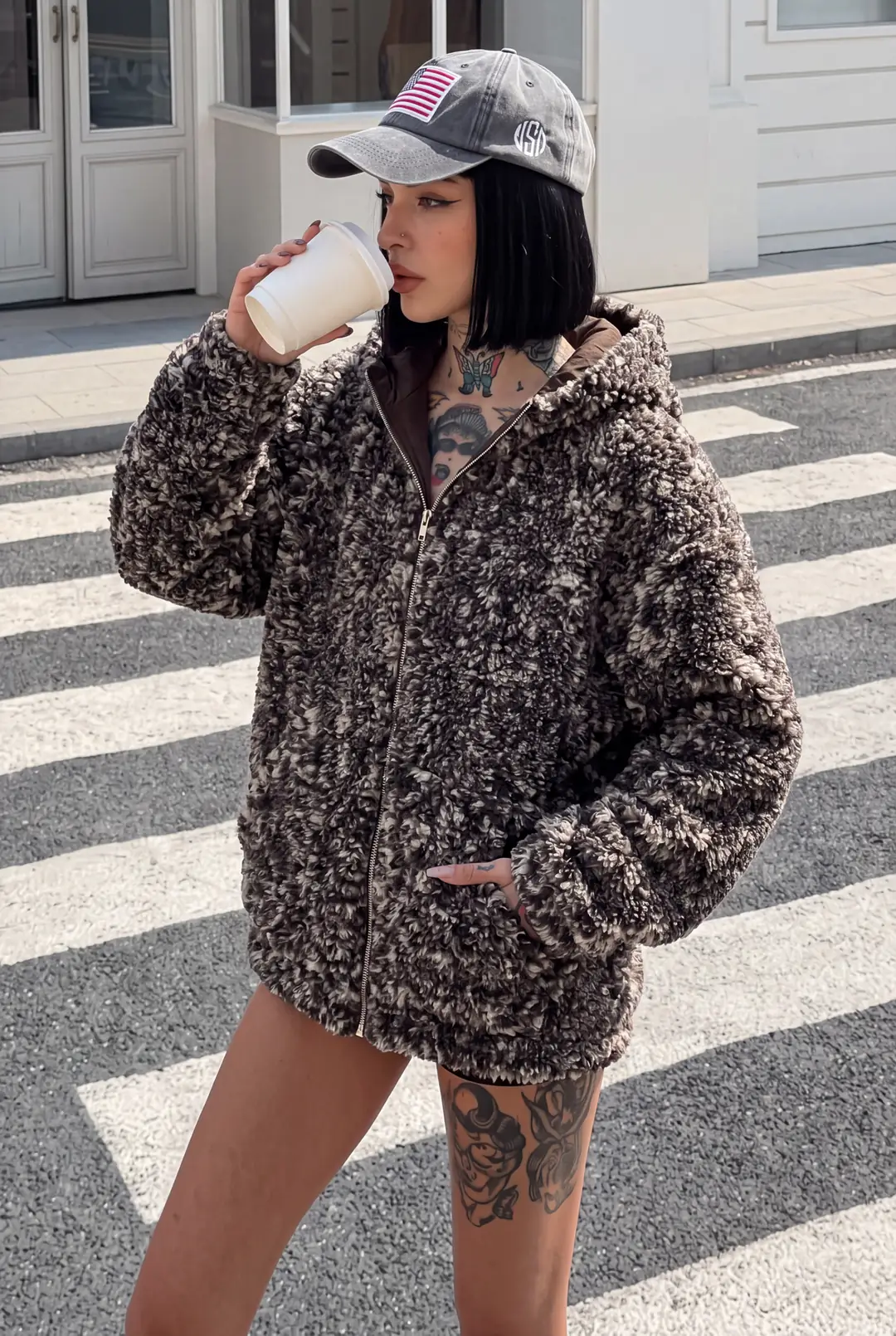 Fleece Kırçıllı Desenli Fermuarlı Peluş Mont