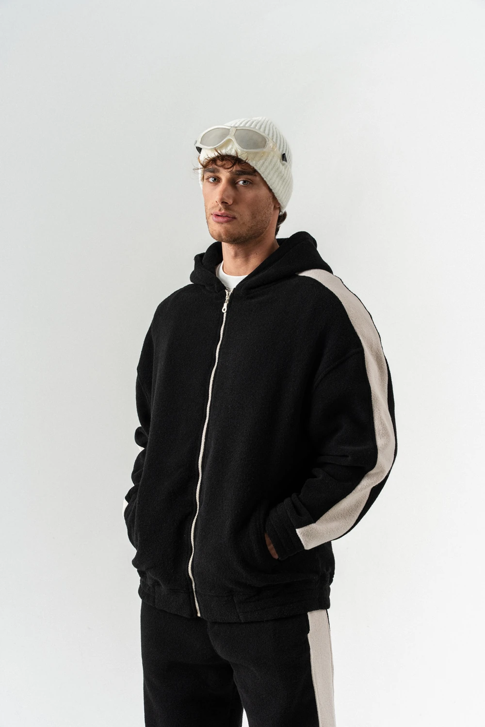 Nova Havlu Kumaş Fermuarlı Sweatshirt Hoodie Eşofman Takımı - Siyah