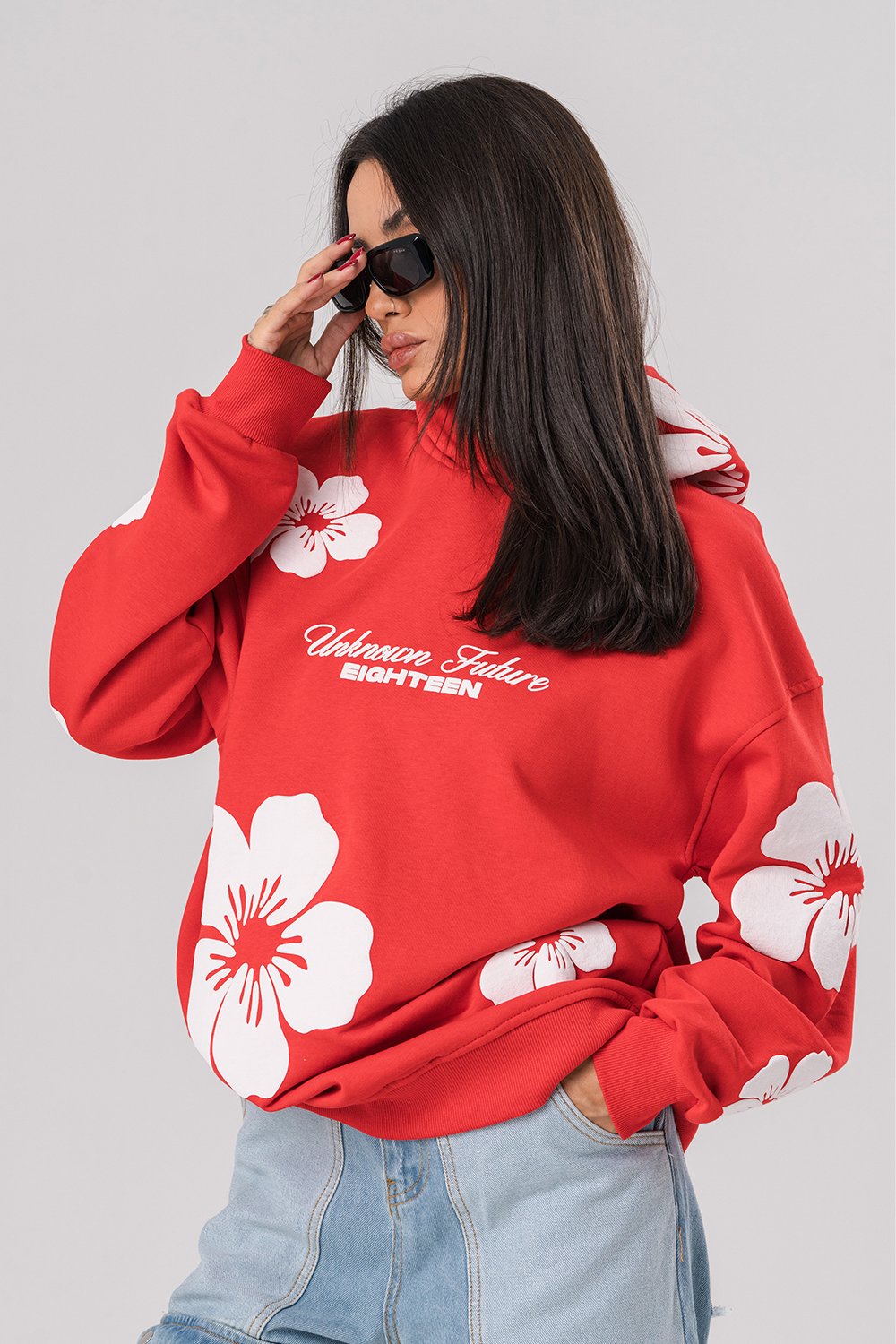 Flowers Kabartma Baskılı Şardonlu Kapüşonlu Sweatshirt