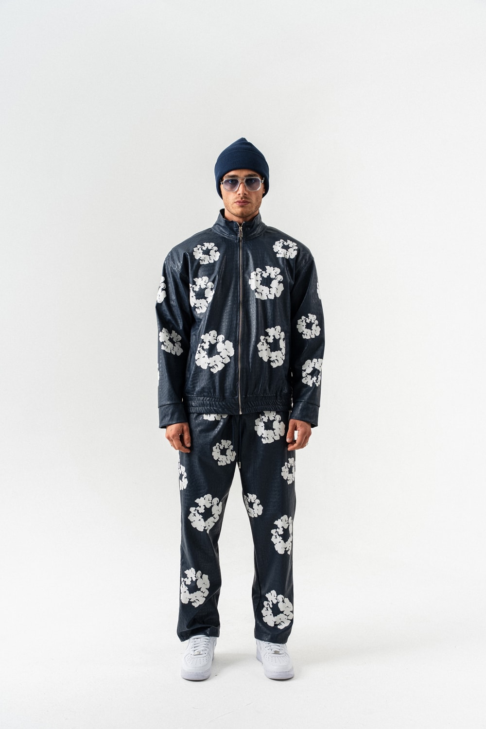 Tear Kabartma Baskı Fermuarlı Deri Alt ve Üst Takım - Lacivert