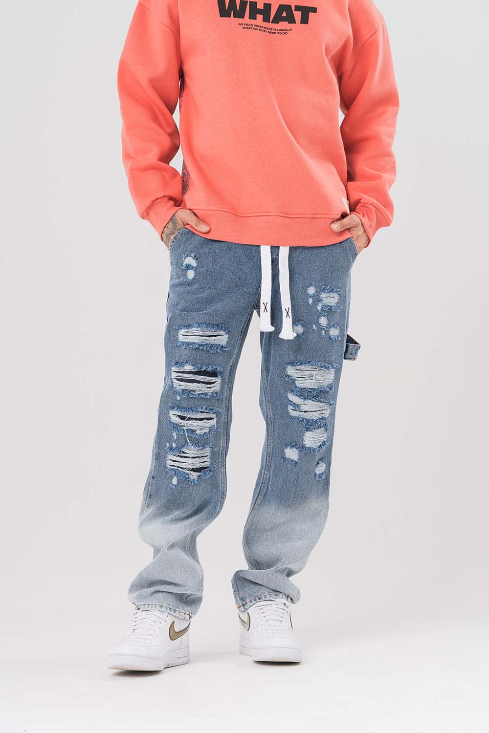 Washed Bel İp Detaylı Yırtık Jean Baggy Pantolon