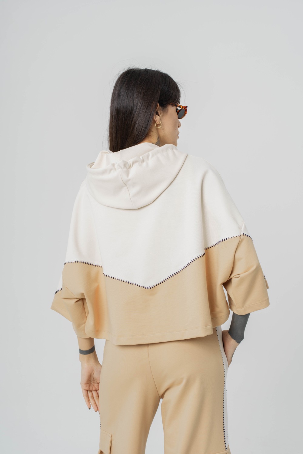 Seam Patched Crop ve Kapüşonlı Kadın T-shirt 2'li Set