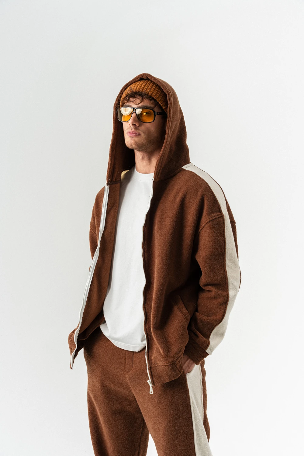 Nova Havlu Kumaş Fermuarlı Sweatshirt Hoodie Eşofman Takımı - Kahverengi