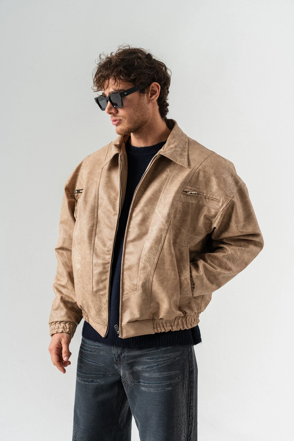 Blendcore Fermuar ve Cep Detaylı Deri Mont - Bej