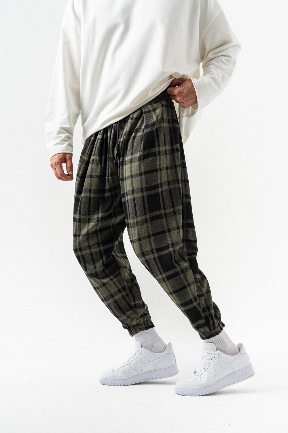 Plaid Bel ve Paça Lastikli Pileli Şalvar