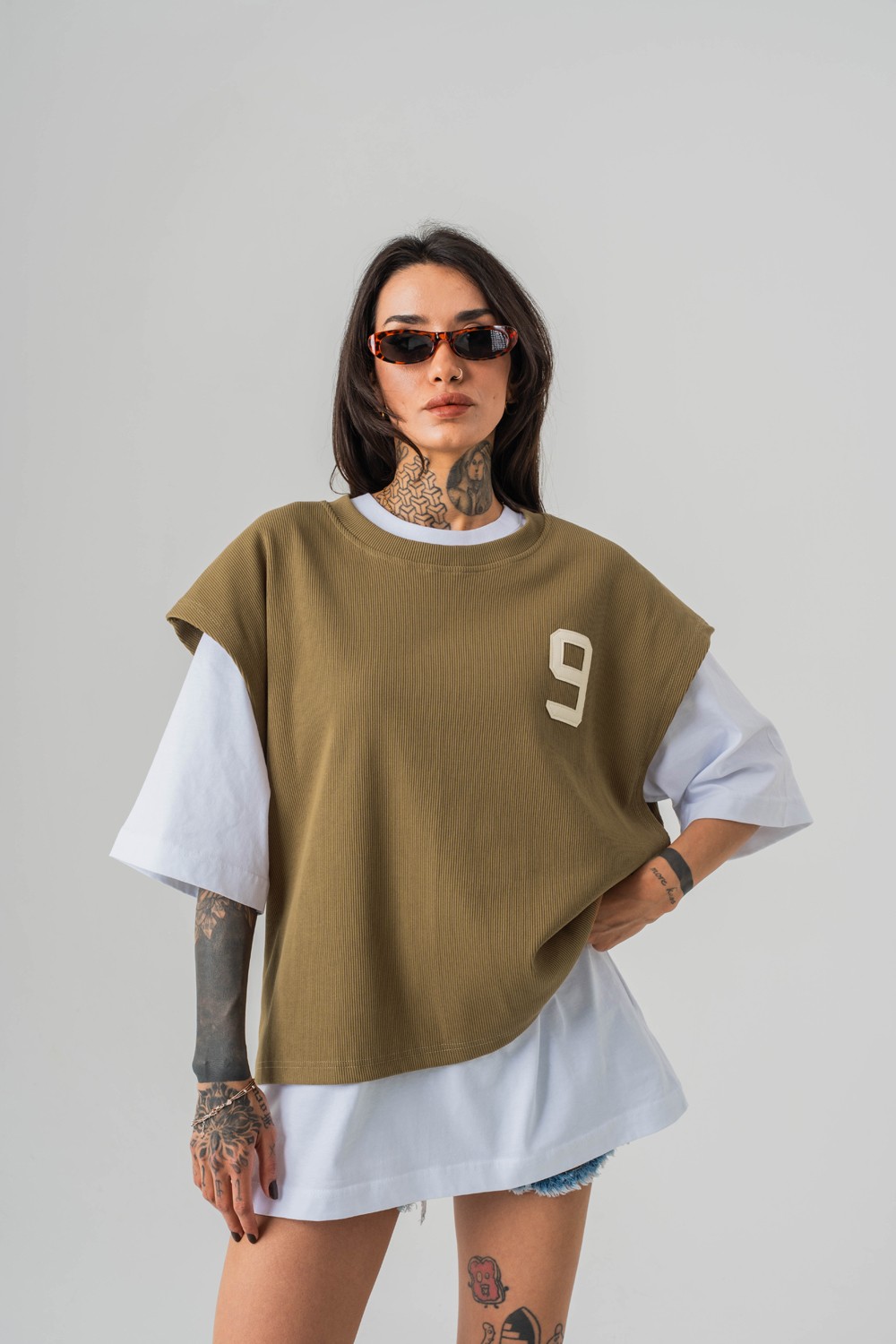 Patriot 9 Premium Oversize Crop ve T-shirt Bir Arada 2'li Set - Bej