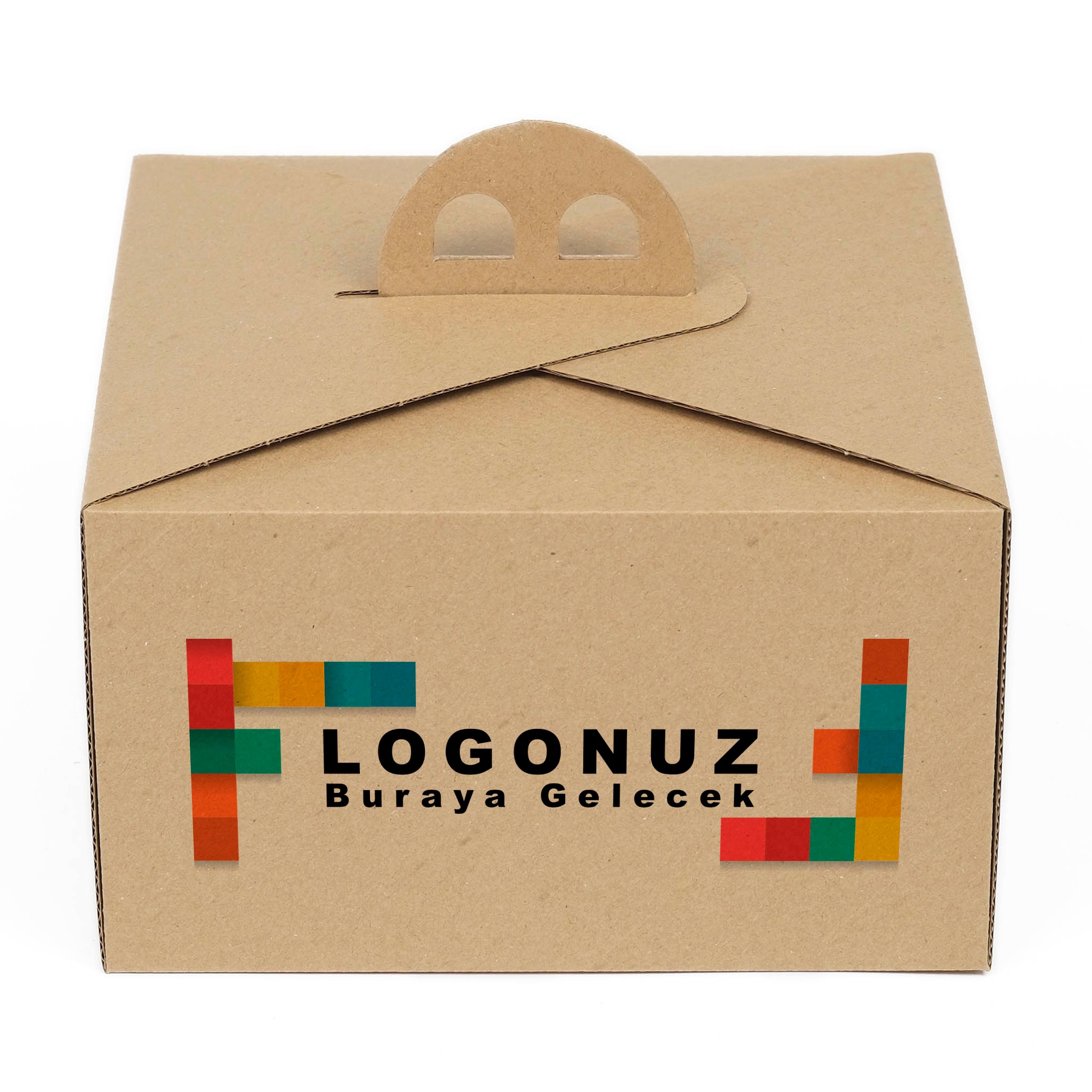 Özel Baskılı 2 No Oluklu Kraft Renk Saplı Turta Kutusu - 24.3x24.3x13 cm