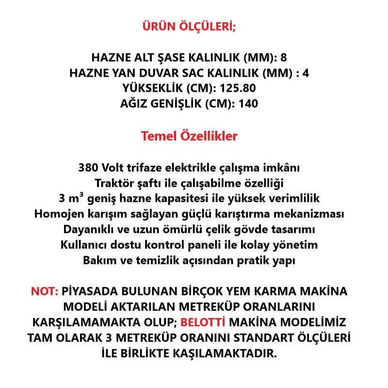 Belotti Karmator 380 Volt Elektrikli ve Şaftlı Yem Karma Makinesi-3 m³