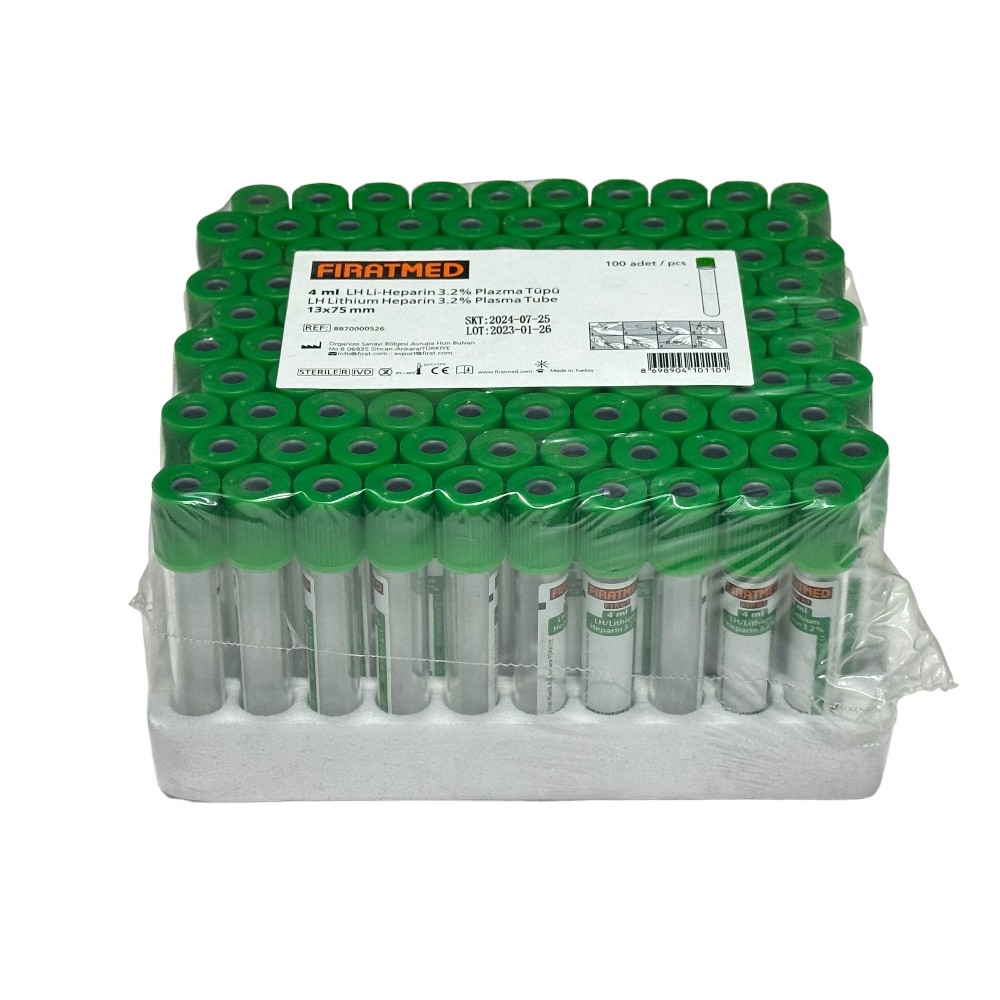Fıratmed Yeşil Kapak Lityum Heparin Kan Alma Tüpü 4 Ml-100 Adet