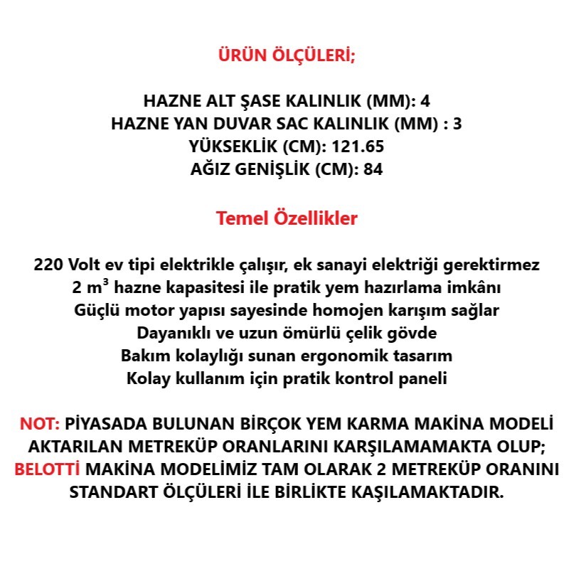 Belotti Karmator Elektrikli Yem Karma Makinesi 220 Volt-2 m³