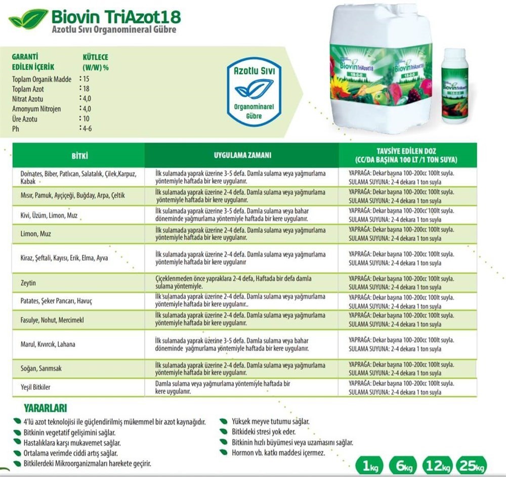 Biovin TriAzot18 Azotlu Sıvı Organomineral Bitki Besini