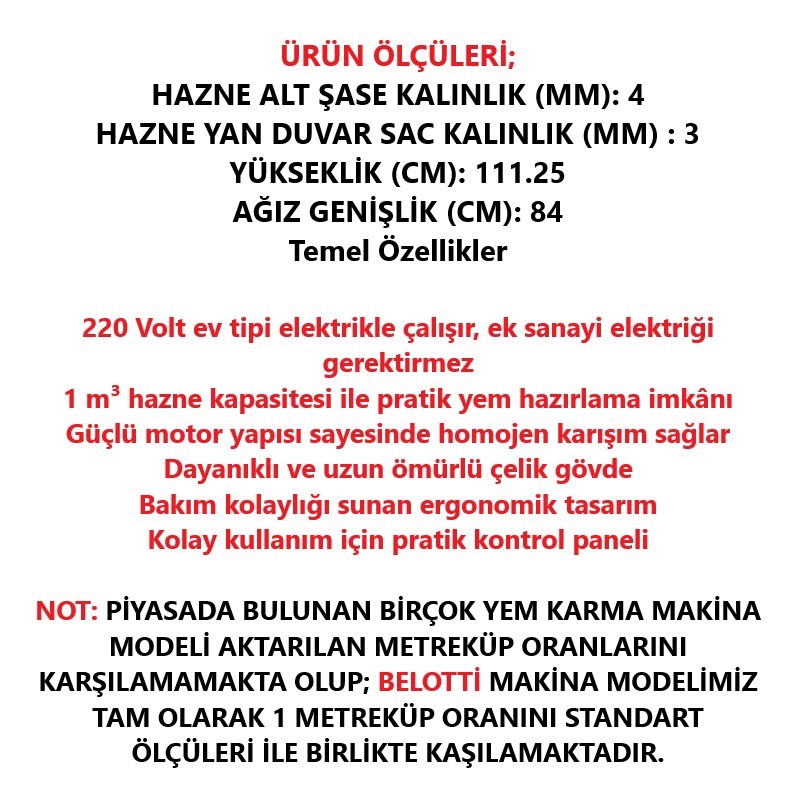 Belotti Karmator Elektrikli Yem Karma Makinesi 220 Volt-1 m³