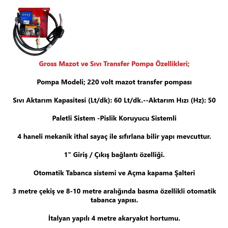Gross Kabinli Mazot ve Sıvı Aktarım Sayaçlı Pompa ve Tabanca Seti