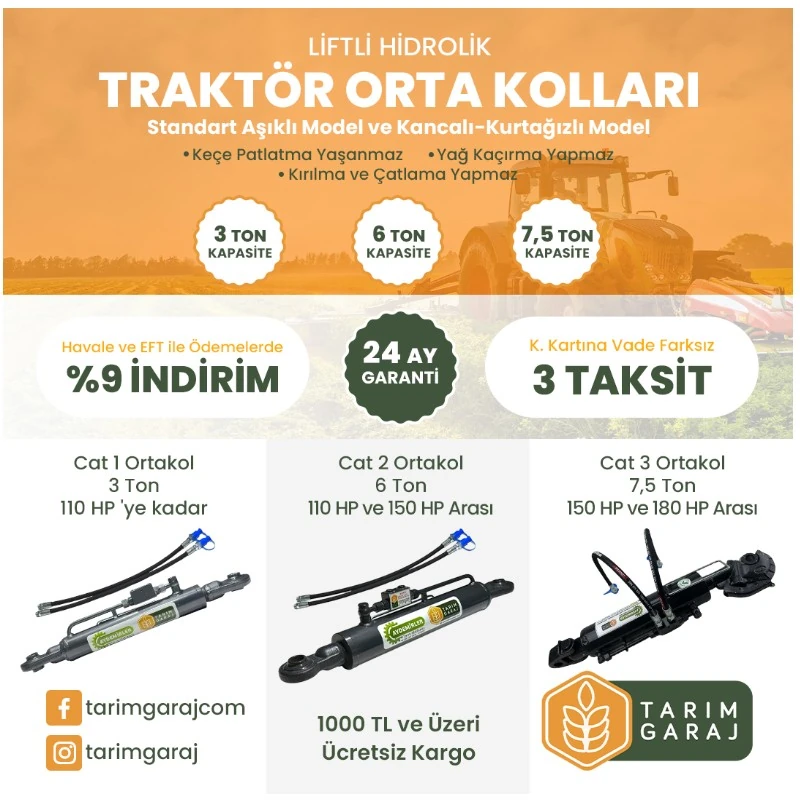 Traktör Cat 2 Ortakol Kilitli Hidrolik Lifti 65 cm-6 Ton