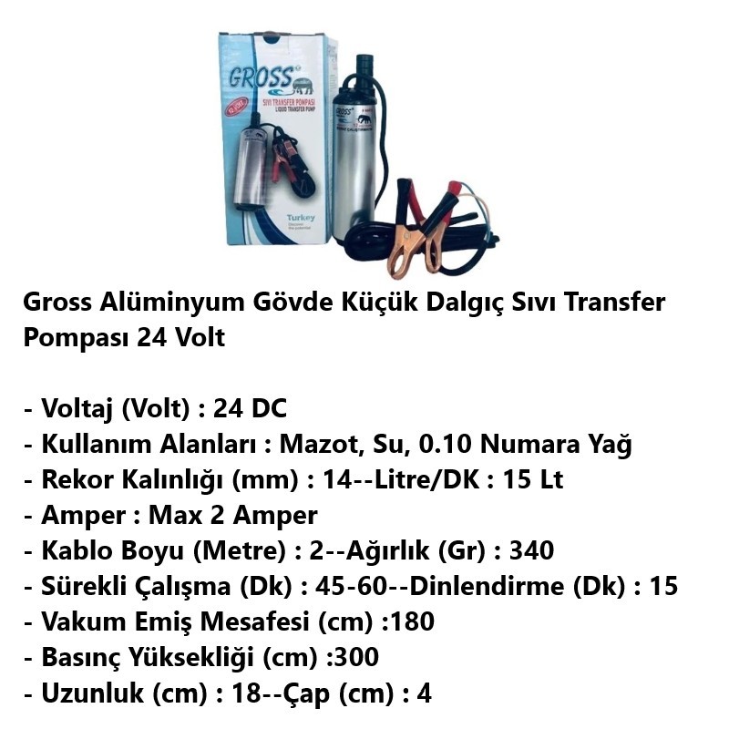 Gross Alüminyum Gövde Küçük Dalgıç Sıvı Transfer Pompası 24 Volt