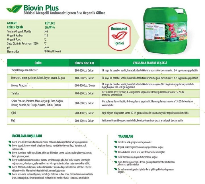 Biovin Plus Bitkisel Amino Asit Organik Sıvı Gübre 20 Litre