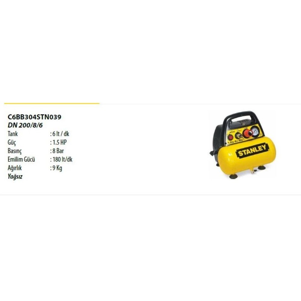 Stanley Yağsız Hava Kompresörü 1.5 HP-DN/200/8/6