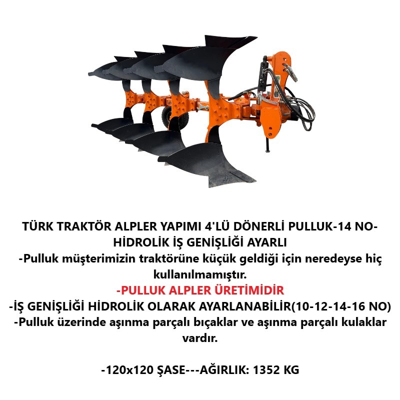 Türk Traktör  (Alpler) 4 lü Dönerli Pulluk-14 No Hidrolik Ayarlı