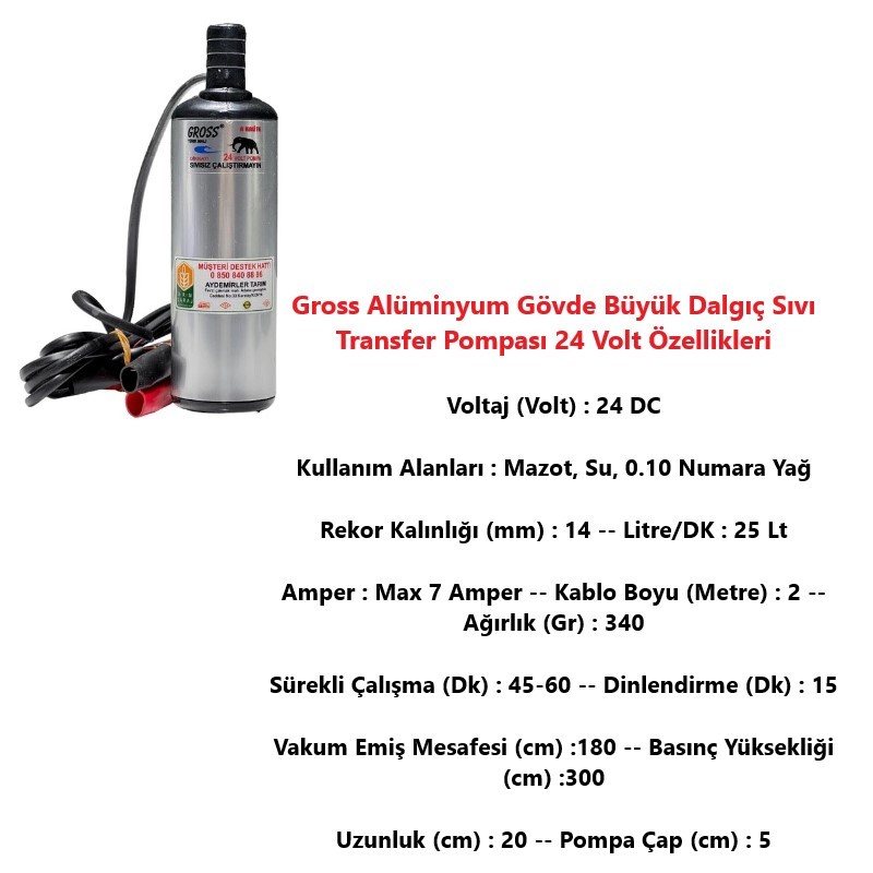 Gross Alüminyum Gövde Büyük Dalgıç Sıvı Transfer Pompası 24 Volt