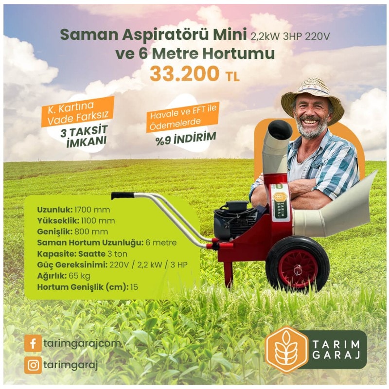 Saman Aspiratörü Mini 2,2kW 3HP 220V ve 6 Metre Hortumu