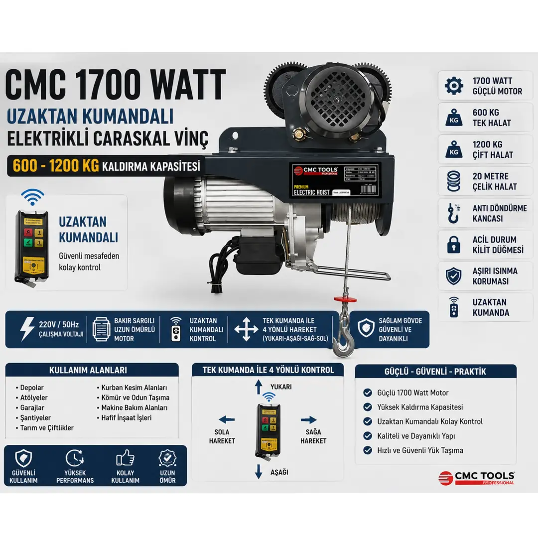 Cmc 1700 Watt Şaryolu Kumandalı Elektrikli Caraskal Vinç 600-1200 Kg