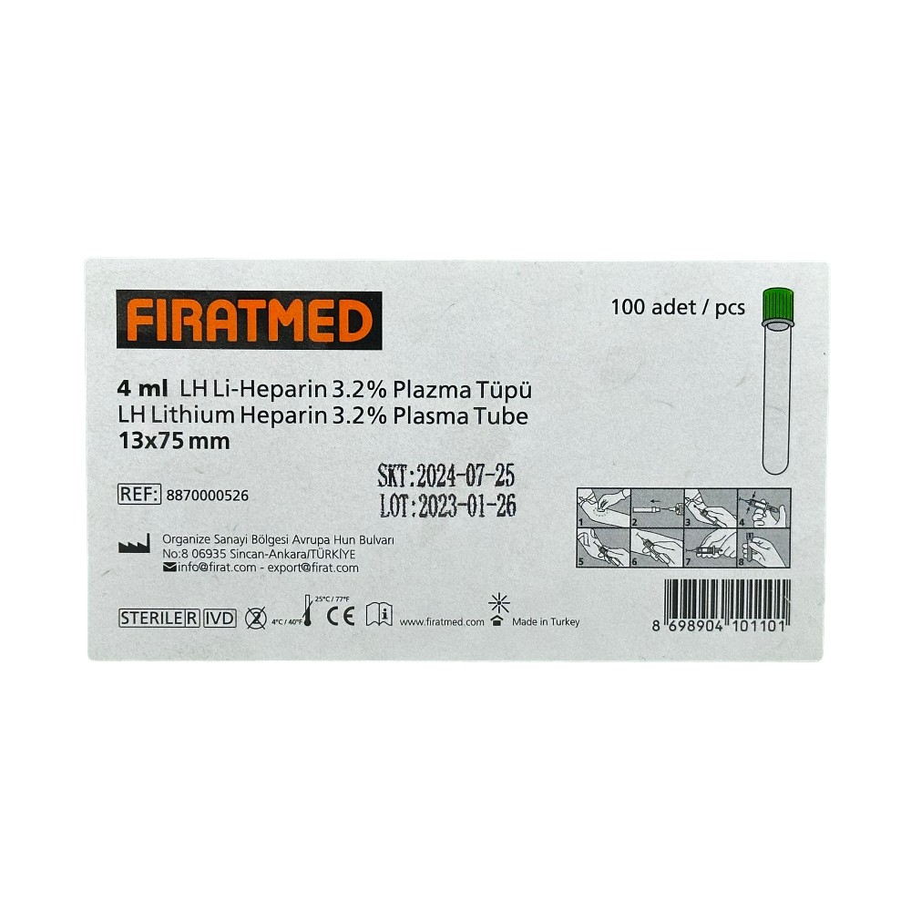 Fıratmed Yeşil Kapak Lityum Heparin Kan Alma Tüpü 4 Ml-100 Adet