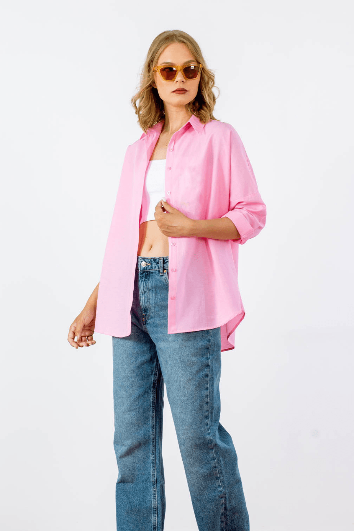 Kadın Oversize Uzun Basic Gömlek  - Açık Pembe