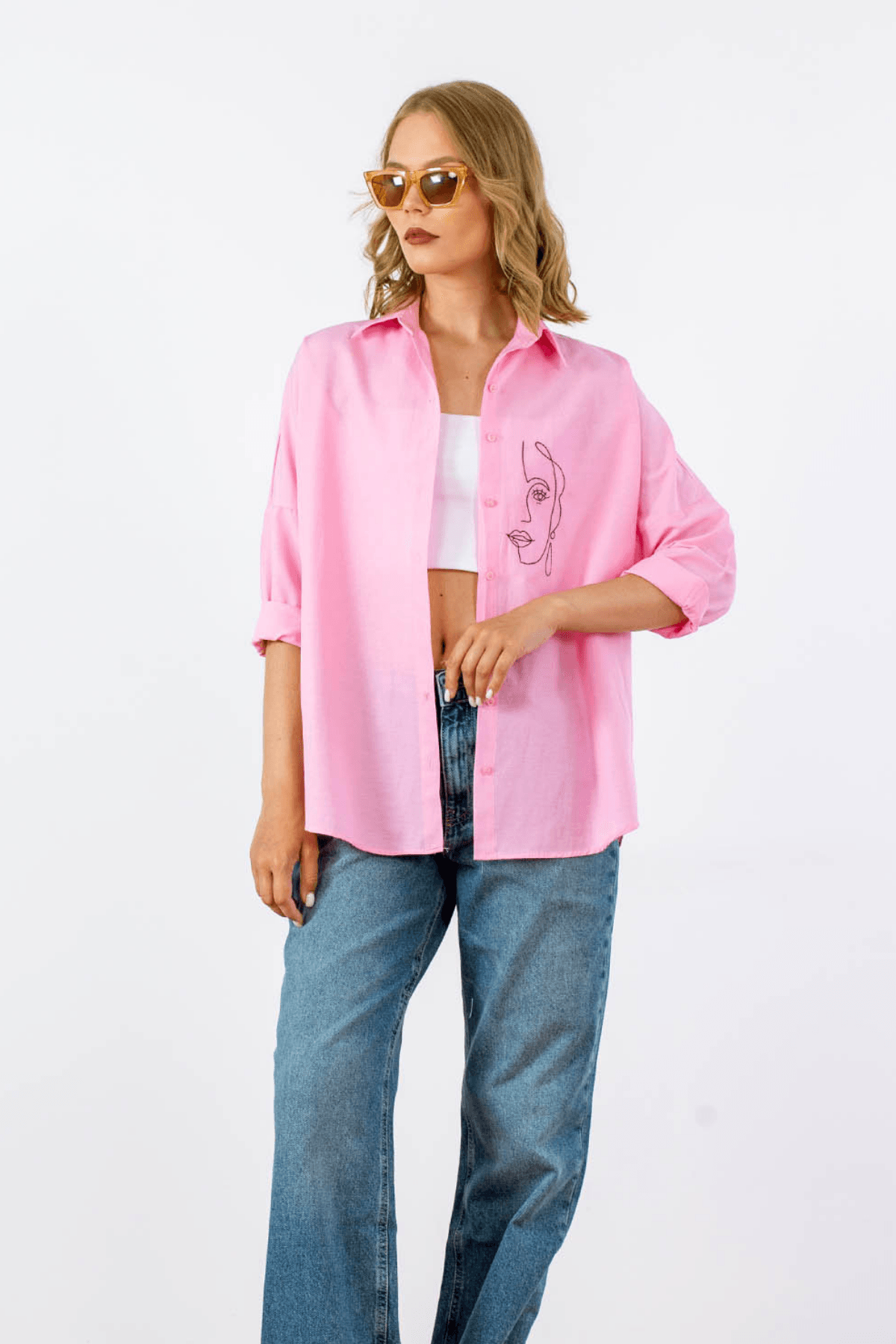 Kadın Oversize Nakışlı Uzun Basic Gömlek  - Açık Pembe