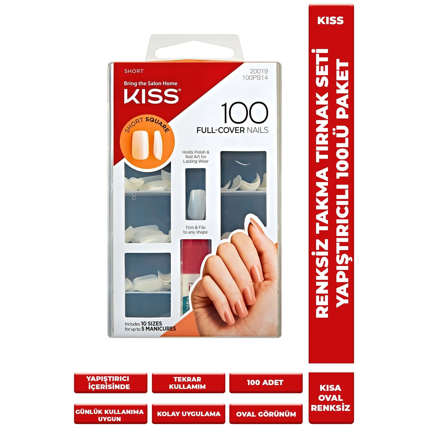 Kiss Kısa Renksiz Oval Takma Tırnak Seti Yapıştırıcılı 100lü Paket