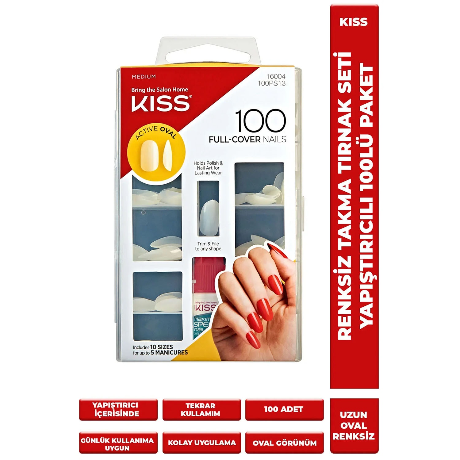 Kiss Uzun Renksiz Oval Takma Tırnak Seti Yapıştırıcılı 100lü Paket