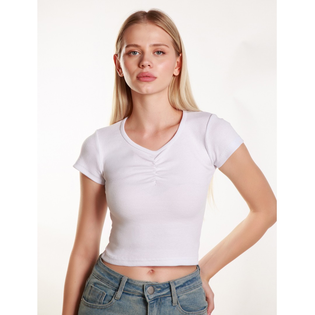 Kadın Crop Ön Yaka Büzgülü Fitilli Likralı Kollu Atlet Tshirt - Beyaz