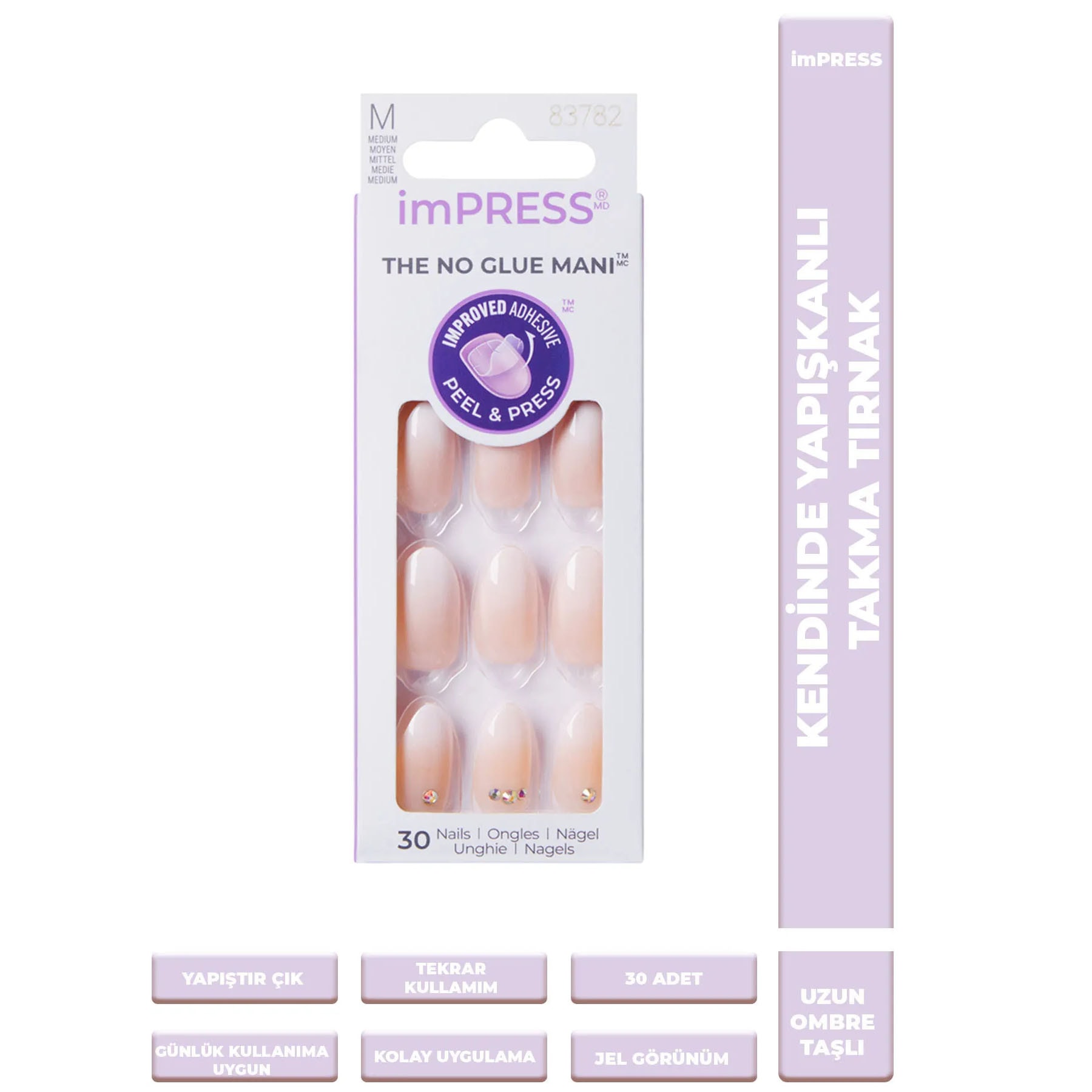 Impress Kendinden Yapışkanlı Takma Tırnak Uzun Ombre Taşlı