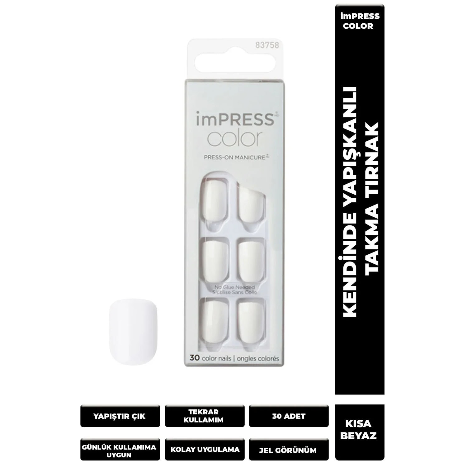 Impress Color Kendinden Yapışkanlı Takma Tırnak Kısa Beyaz