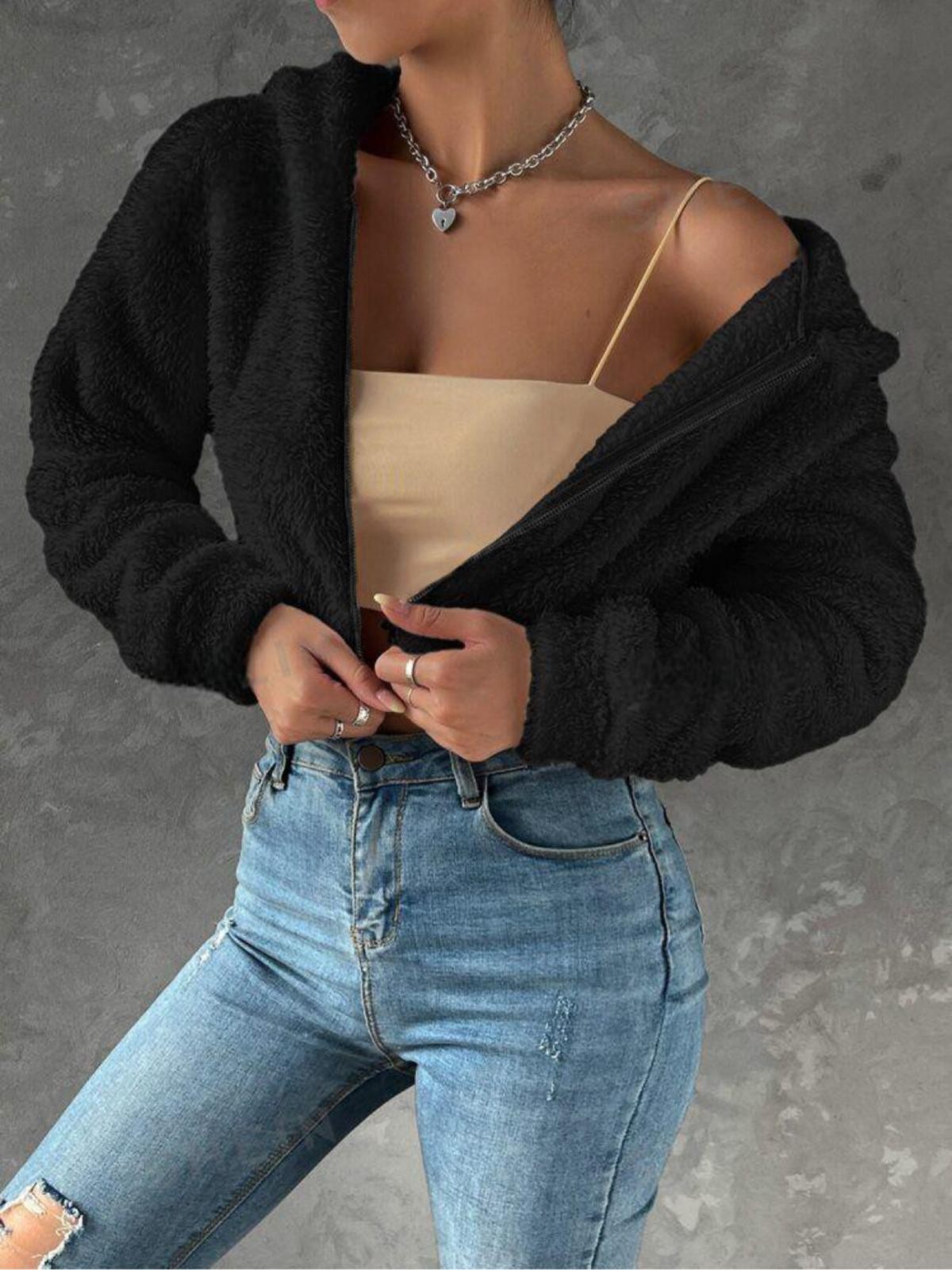 Kadın Peluş Crop Fitted Kapşonlu Zip Fermuarlı Polar Hırka Sweatshirt - Siyah