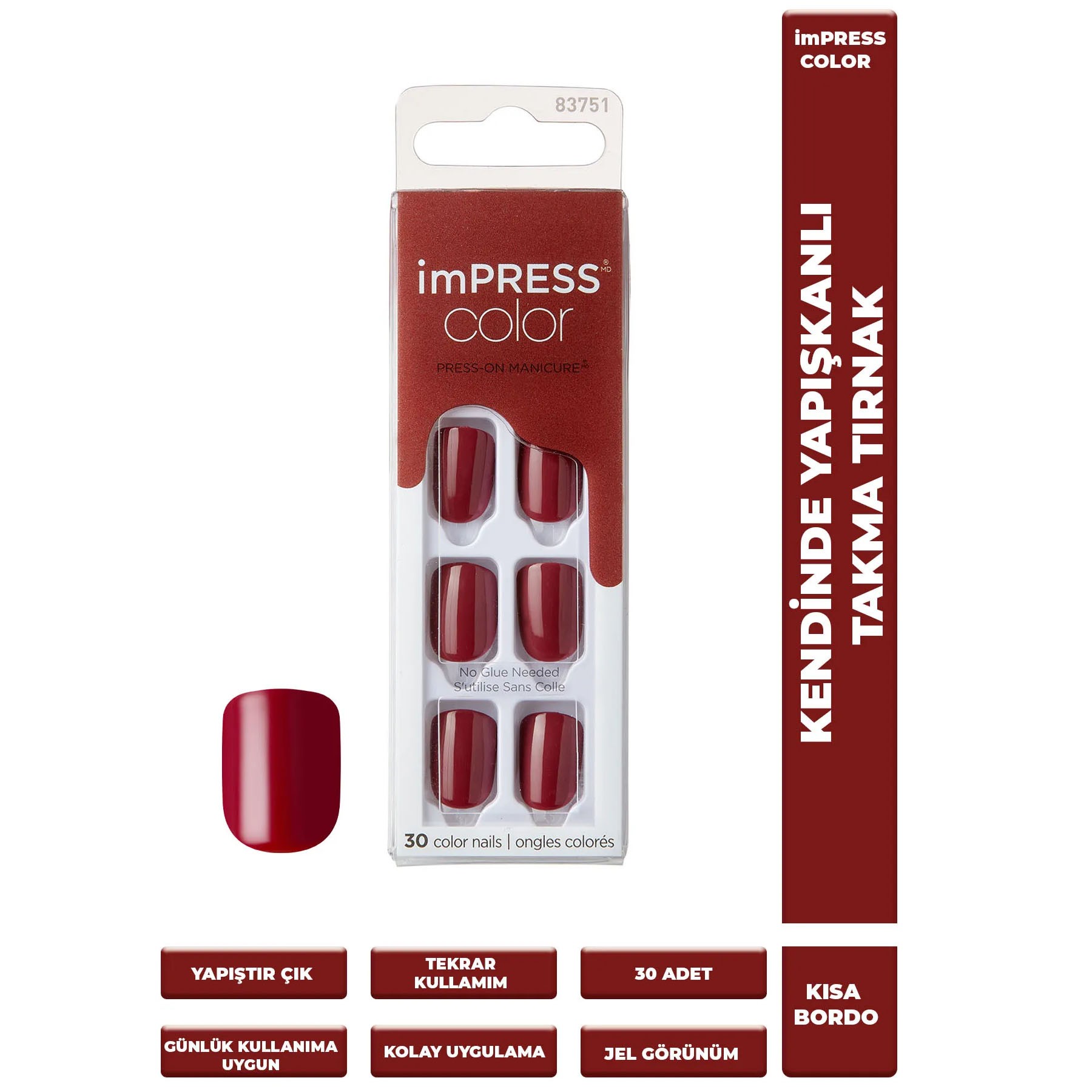 Impress Color Kendinden Yapışkanlı Takma Tırnak Kısa Parlak Bordo