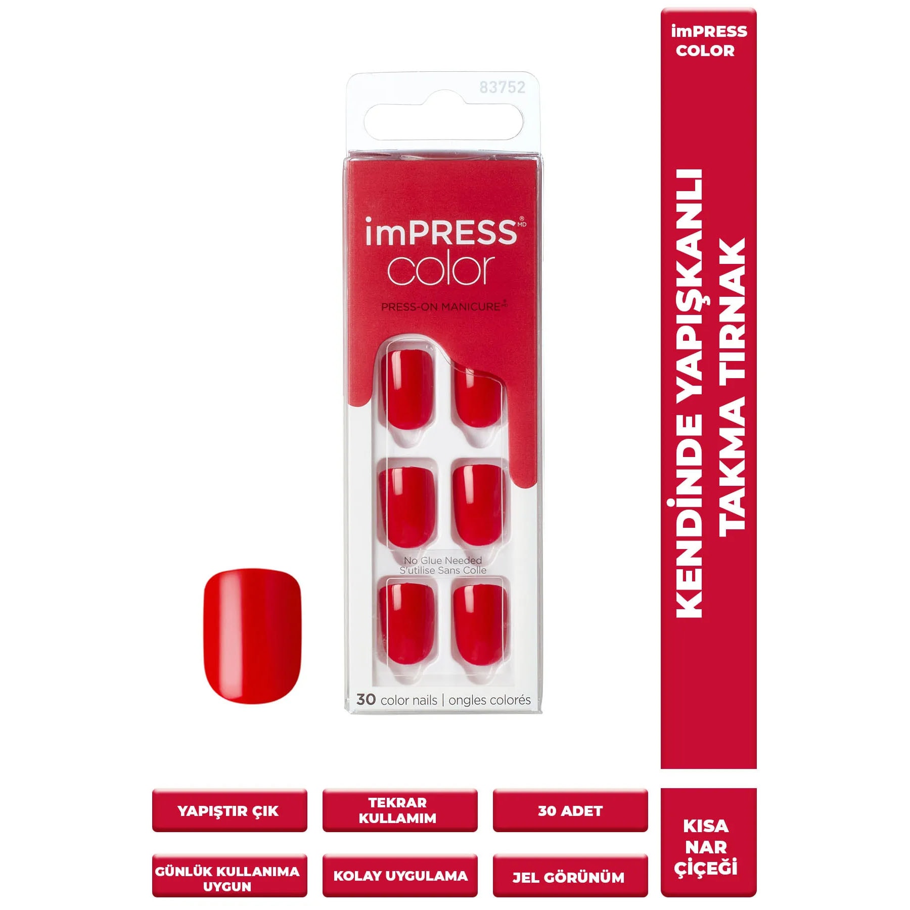 Impress Color Kendinden Yapışkanlı Takma Tırnak Kısa Parlak Kırmızı