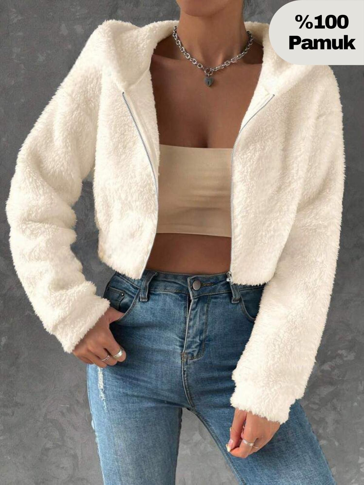 Kadın Peluş Crop Fitted Kapşonlu Zip Fermuarlı Polar Hırka Sweatshirt - Kırık Beyaz