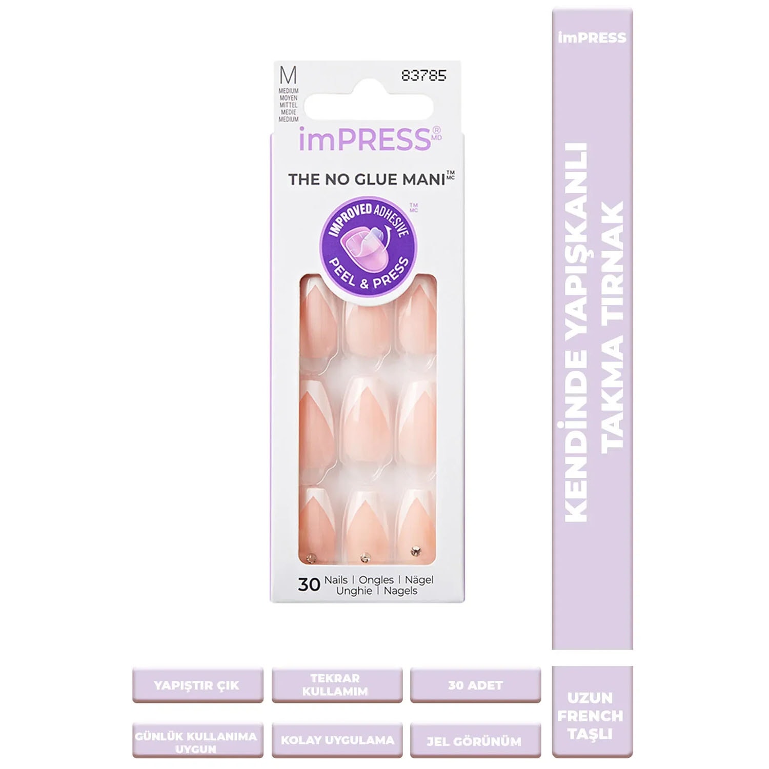 İmpress Kendinden Yapışkanlı Takma Tırnak Uzun Oval French Taşlı