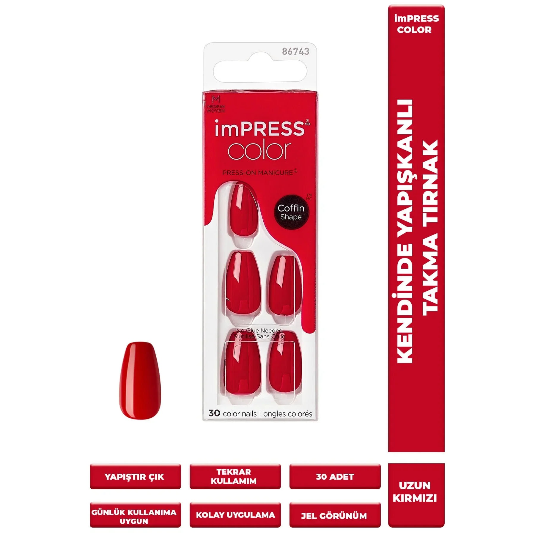 Impress Color Kendinden Yapışkanlı Takma Tırnak Uzun Kırmızı