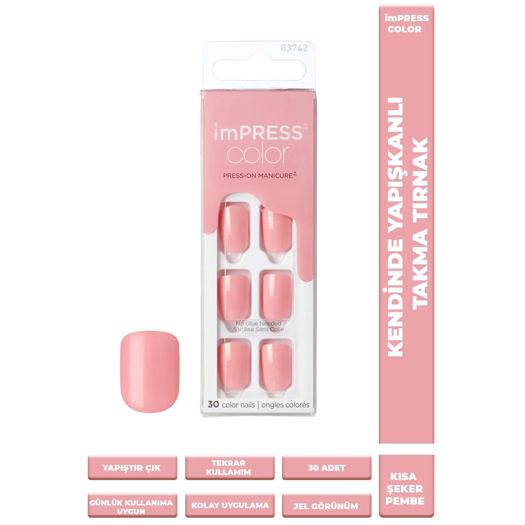 Impress Color Kendinden Yapışkanlı Takma Tırnak Kısa Parlak Şeker Pembe