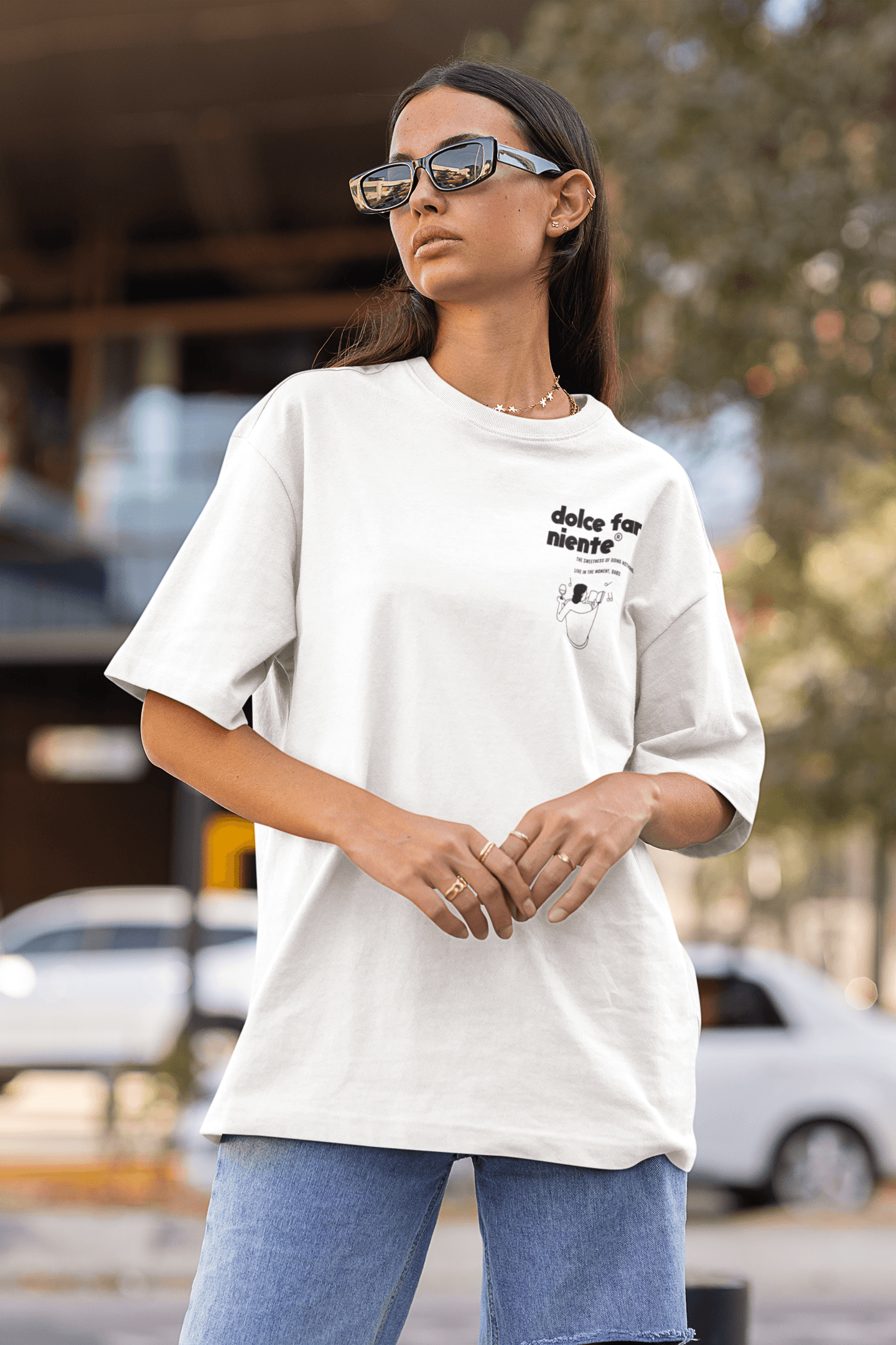 Dolce Far Niente Oversize Baskılı Beyaz Tişört