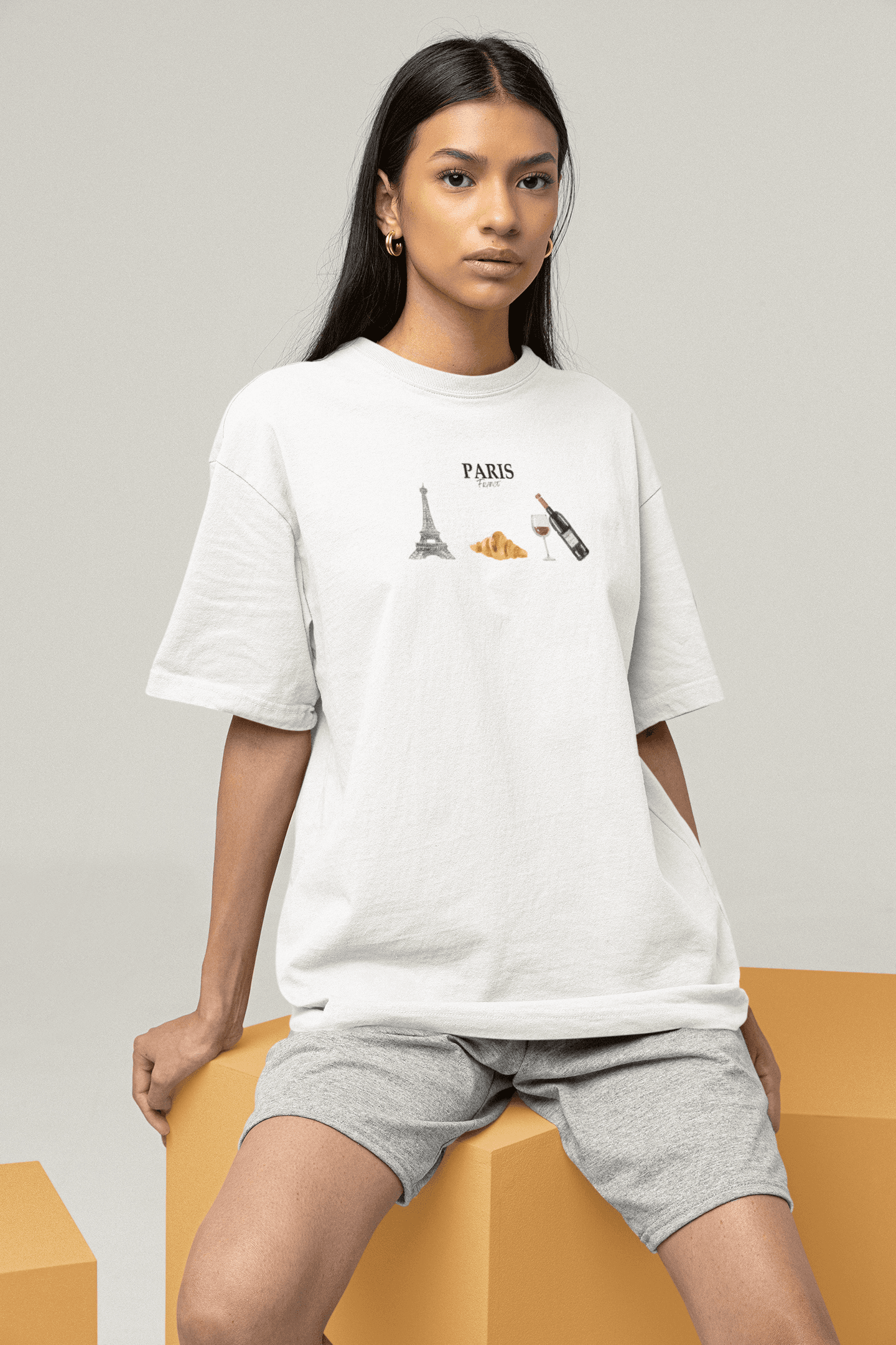 Paris Oversize Baskılı Beyaz Tişört