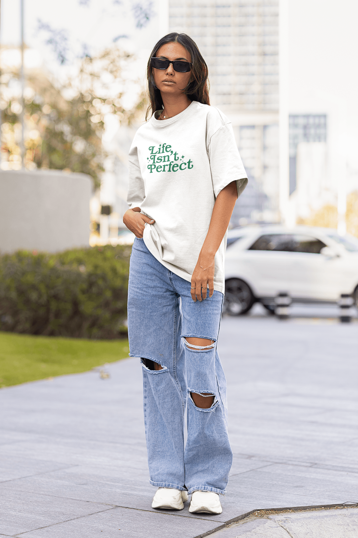 Life Isnt Perfect Oversize Baskılı Beyaz Tişört